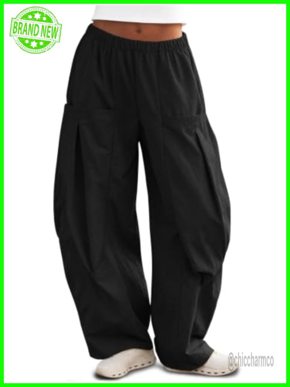 Womens Wide Leg Barrel Pants Elastic Waist Flowy Parachute Utility Cargo